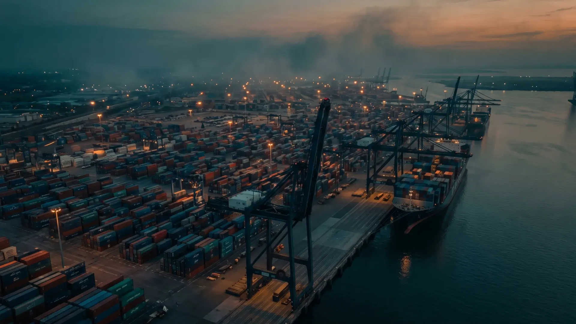 A container terminal at dusk seen from the air: stacked containers, gantry cranes and a vessel berthed alongside the quay.